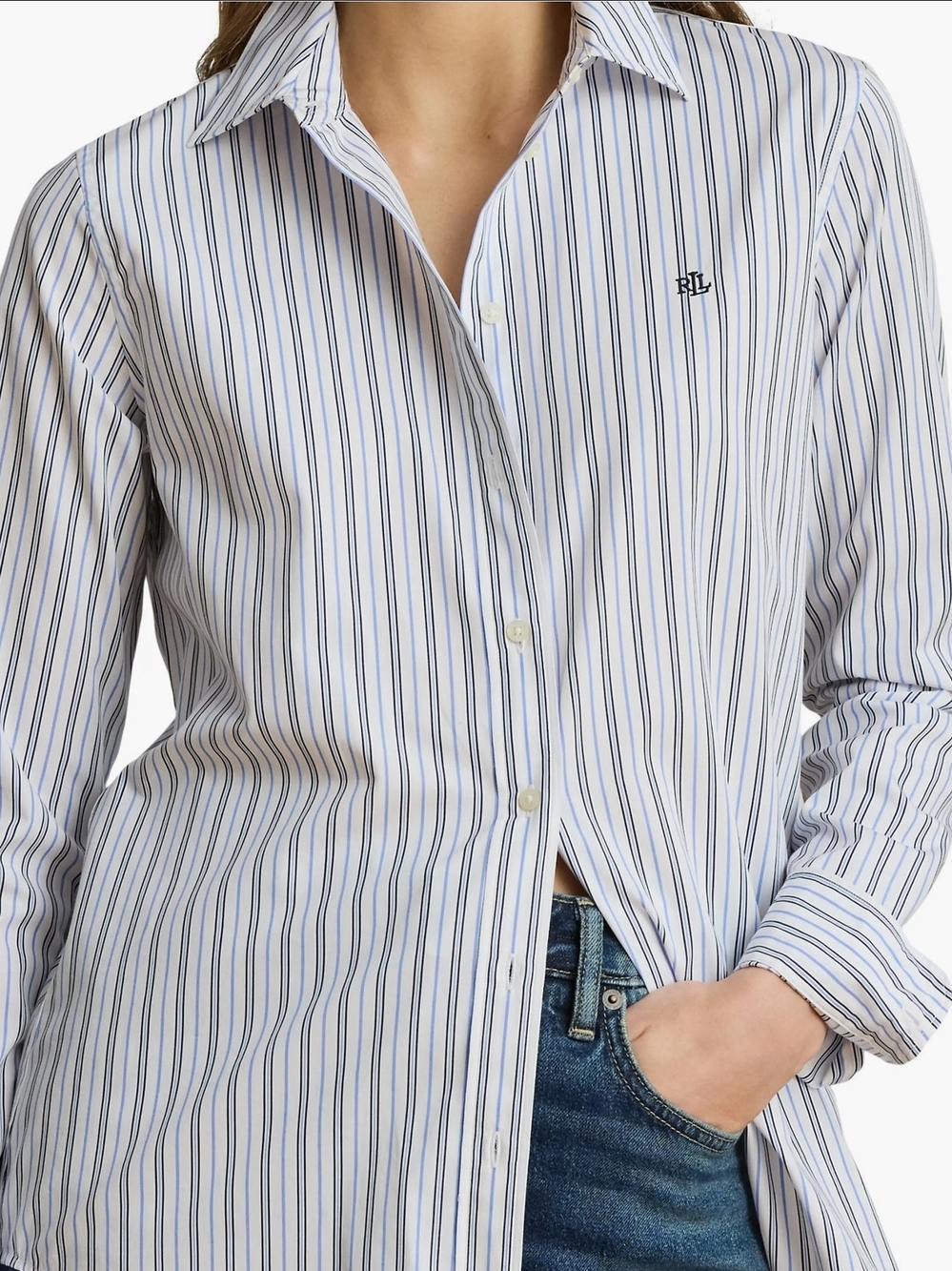 Lauren Ralph Lauren Women's Striped Broadcloth Shirt, White/Blue Preppy